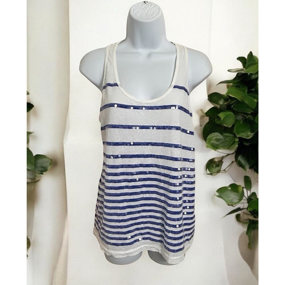 J.Crew Tank Top Sz XS Striped Sequin Blue White Striped Racer-Back Tee Shirt